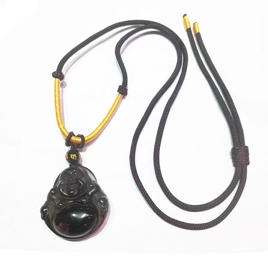 Spiritualität Buddha Karma Natürlicher Schwarzer Obsidian Eis Obsidian Lachender Buddha Reinigungshalskette Anhänger 