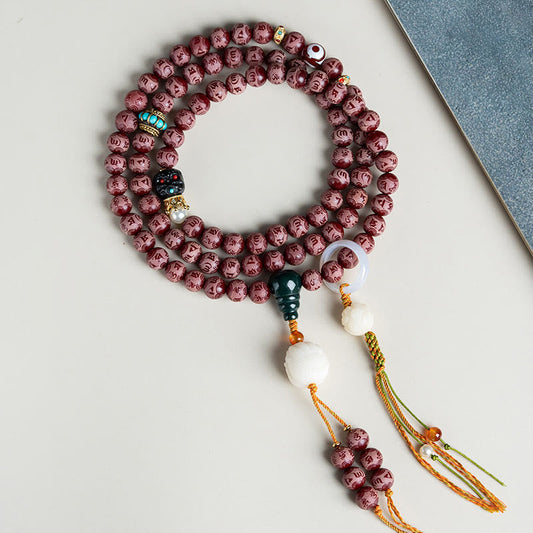 Spiritualität Buddha Karma Roter Bodhi-Samen Om Mani Padme Hum Lotus Graviertes Harmonie-Armband 