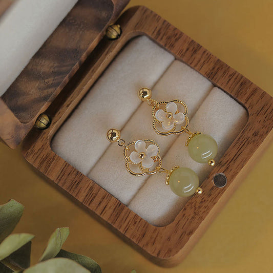 Jade  Tridacna Stone Flower Jade Bead Blessing Drop Earrings