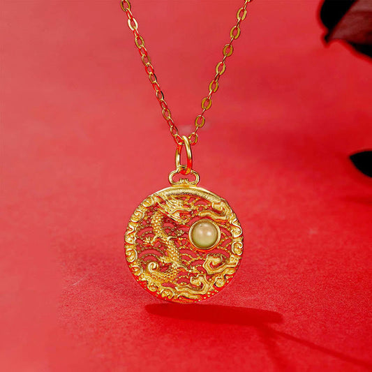 Jade  925 Sterling Silver Year Of The Dragon Auspicious Clouds Hetian Jade Inlaid Luck Necklace Pendant