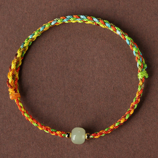 Ancient Tibetan Buddhist Red String Tradition  Colorful Rope Luck Jade Bead Abundance Bracelet