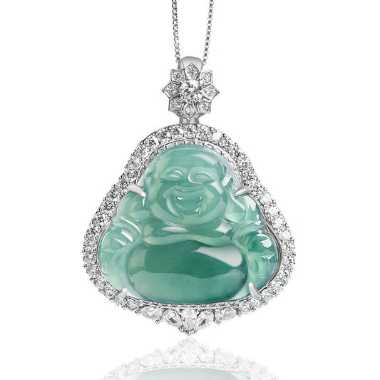 Jade  925 Sterling Silver Laughing Buddha Natural Jade Luck Abundance Chain Necklace Pendant
