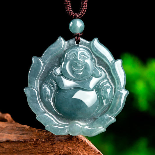 Buddha-Energie-Halskette aus natürlichem Jade, lachender Buddha, Lotusmuster, Glücksanhänger