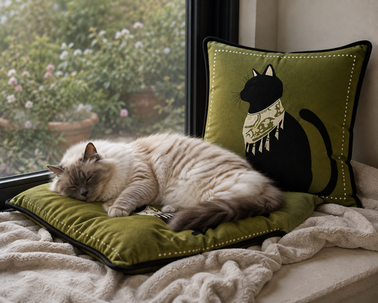 FREE 2-Piece Black Cat Cushion Cover Set – Vintage Olive Green Home Decor