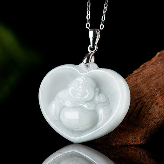 Jade  925 Sterling Silver Laughing Buddha White Jade Luck Blessing Necklace Pendant