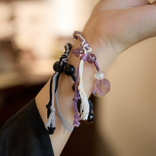 Spirituality Buddha Karma Natural Fluorite Amethyst Silver Sheen Obsidian Tiger's Eye Protection Rope Bracelet
