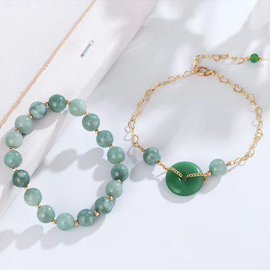 Jade  2Pcs Round Jade Peace Buckle Prosperity Luck Bracelet