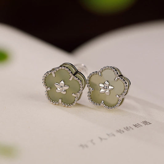 Jade  925 Sterling Silver Hetian Jade Plum Flower Luck Stud Earrings