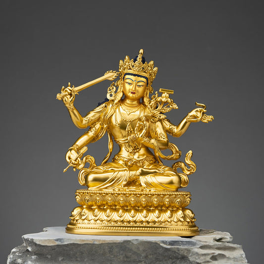 Spirituality Four-armed Manjusri Bodhisattva Gold Figurine Compassion Serenity Copper Statue Home Decoration