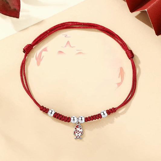 Ancient Tibetan Buddhist Red String Tradition  925 Sterling Silver Luck Koi Fish Wealth Handcrafted Braided Red Bracelet