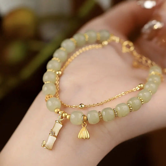 Jade  Natural Hetian Jade Prosperity Lotus Bamboo Charm Bracelet