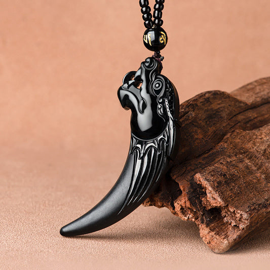 Jade  Natural Black Jade Chinese Zodiac Dragon Tooth Pattern Protection Necklace Pendant
