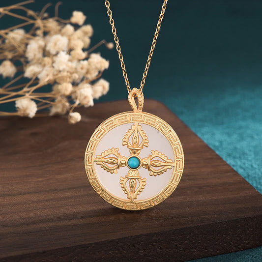 Jade  White Jade Double Dorje Protection Luck Necklace Pendant
