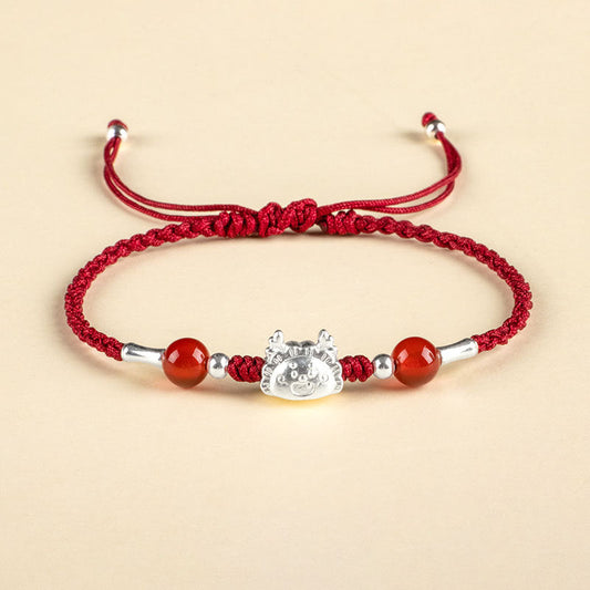 Ancient Tibetan Buddhist Red String Tradition  999 Sterling Silver Year of the Dragon Fu Character Dumpling Red Agate Luck Handcrafted Bracelet (Extra 30% Off | USE CODE: FS30)