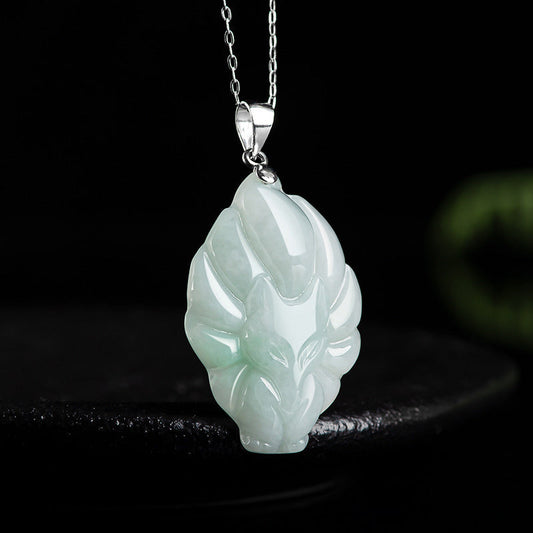 Jade  925 Sterling Silver Natural Jade Nine Tailed Fox Prosperity Necklace Pendant