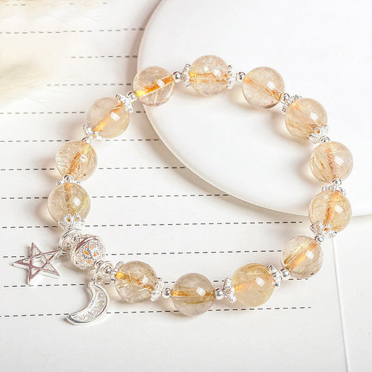 Armband mit goldenem Citrin-Anhänger aus 925er Sterlingsilber, Symbol für natürlichen Reichtum, Solarplexus-Chakra (drittes Chakra), Glück und Mond-Stern