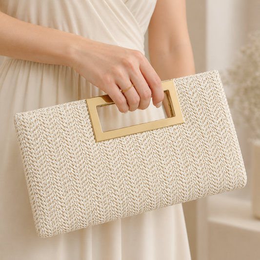 Women’s Straw Woven Crossbody Bag, Fashion Simple Summer Shoulder Bag with Metal Handle and Detachable Chain