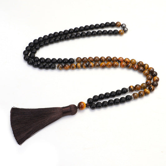 Ensemble collier et bracelet Mala en œil de tigre naturel composé de 108 perles – Bijou spirituel pour le courage, l'énergie et l'harmonisation des chakras