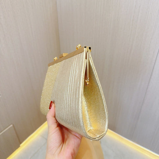 The Two-Tone Shimmer & Pleated Evening Clutch | Elegant Metal Handle Gala Purse