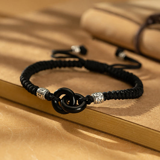 Ancient Tibetan Buddhist Red String Tradition  925 Sterling Silver Natural Hetian Black Jade Double Peace Buckle Swastika Symbol Luck Bracelet