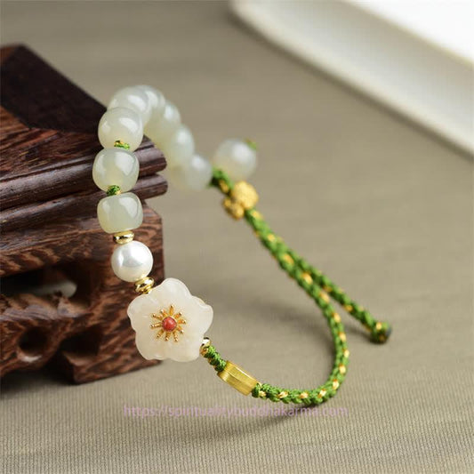 Jade  925 Sterling Silver Natural Hetian Jade Peach Blossom Luck Bracelet