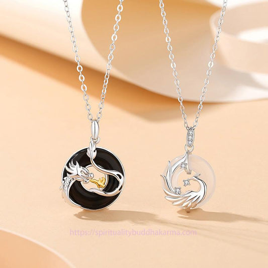 Jade  925 Sterling Silver Year of the Dragon Natural Black Onyx Chalcedony Dragon Phoenix Peace Buckle Protection Necklace Pendant