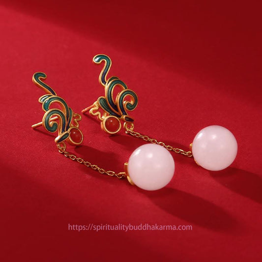 Jade  Vintage White Jade Red Agate Bead Blessing Drop Dangle Earrings