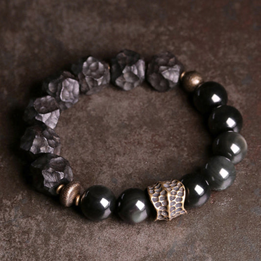 Spiritualität Buddha Karma Schwarzer Obsidian Ebenholz Kupfer Stärke Partnerarmband