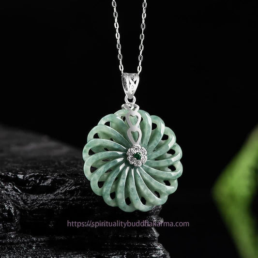 Jade  925 Sterling Silver Natural Round Jade Peace Buckle Abundance Necklace Pendant