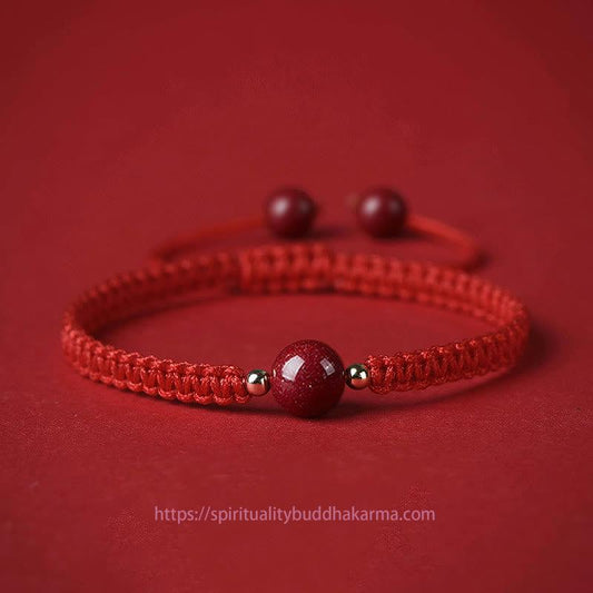 Bracelet de perles de cinabre porte-bonheur, symbole de la tradition bouddhiste tibétaine ancestrale du fil rouge