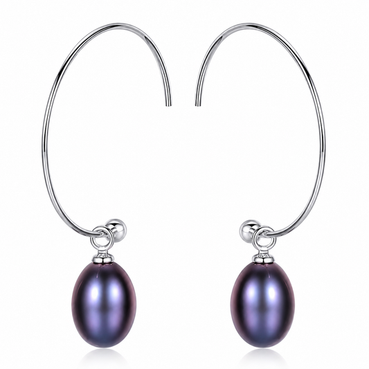 S925 Sterling Silver Dainty Dyed Black Freshwater Pearl Drop Hoop Earrings for Women, Elegant Oval Pearl Dangle Wire Earrings, Minimalist Open Hoop Jewelry Gift for Her