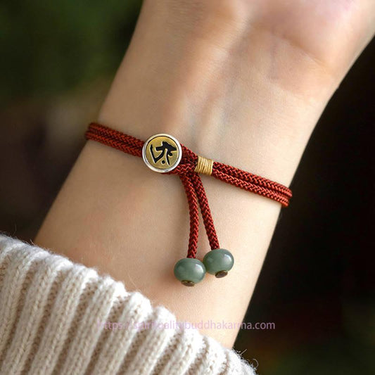 Alte tibetisch-buddhistische Tradition: Armband aus 925er Sterlingsilber, handgefertigt, mit Motiv des chinesischen Tierkreiszeichens, Buddha-Motiv, Bodhi-Samen-Schutz und geflochtenem roten Faden. 