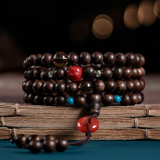 Spiritualität 108 Mala-Perlen Kalimantan Adlerholz Lachender Buddha Friedensschnalle Rotes Achat-Jade Stärke-Armband