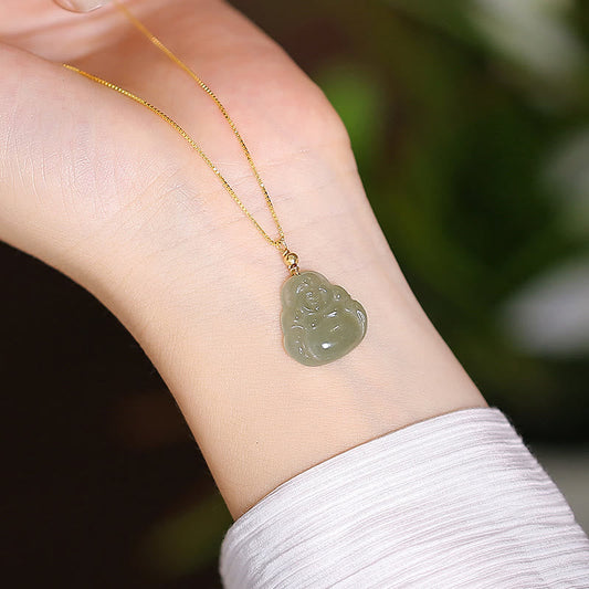 Spirituality 925 Sterling Silver Natural Hetian Jade Cyan Jade Luck Laughing Buddha Butterfly Necklace Pendant
