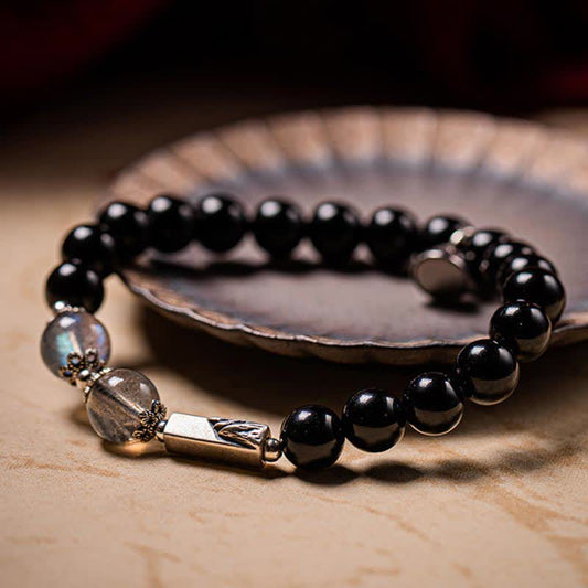 Spiritualität Buddha Karma 925 Sterling Silber Obsidian Mondstein Stärke Paararmband 