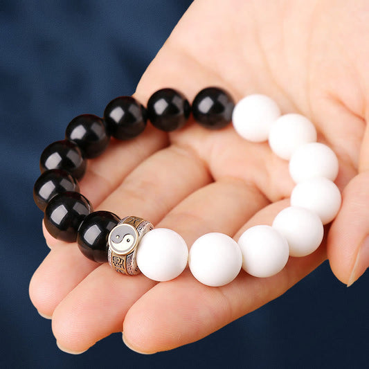Spiritualität Buddha Karma 925 Sterling Silber Schwarzer Obsidian Weiße Muschel Yin Yang Stärke Armband