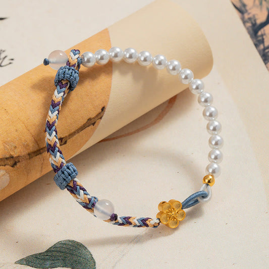 Altes tibetisch-buddhistisches Armband mit roter Schnur aus 925er Sterlingsilber, Pfirsichblütenperle und Chalcedon