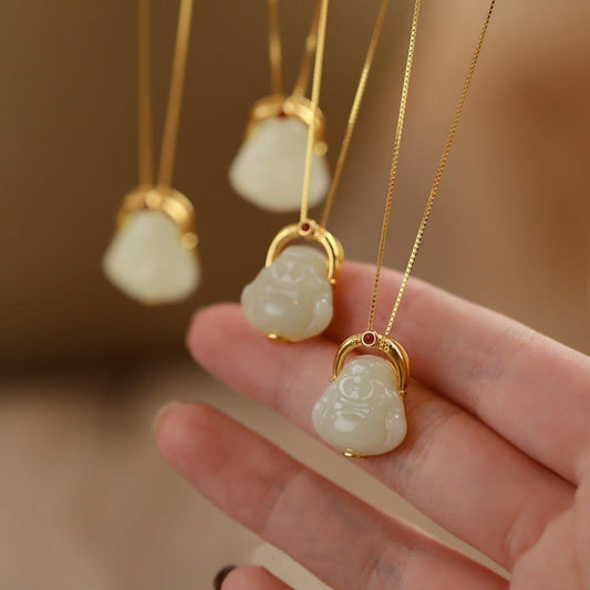 Buddha Energy Necklace 925 Sterling Silver Natural Hetian Jade Laughing Buddha Abundance Chain Necklace Pendant