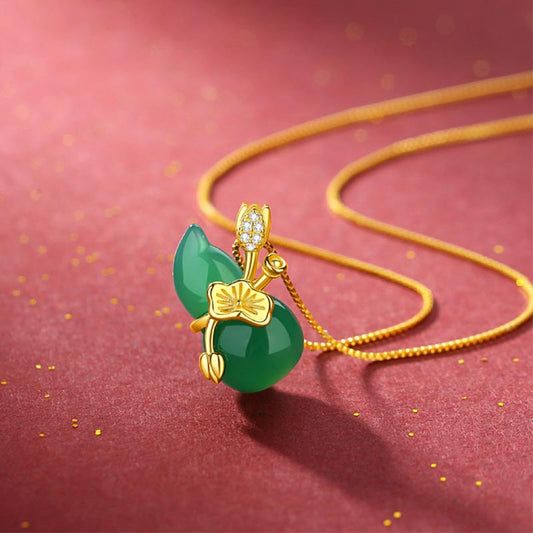 Jade  Cyan Jade Gourd Lotus Leaf Abundance Pendant Necklace