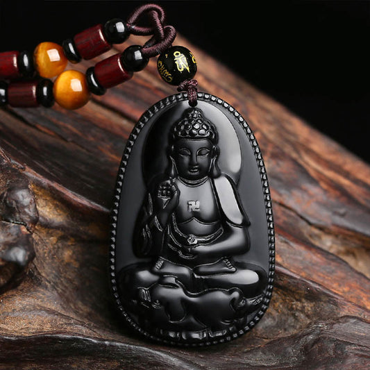 Spiritualität Buddha Karma Chinesisches Tierkreiszeichen Geburtsbuddha Natürlicher schwarzer Obsidian Reinigungshalsanhänger 