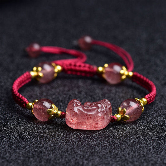 Ancient Tibetan Buddhist Red String Tradition  Natural Strawberry Crystal Pixiu Charm Lucky Red String Bracelet