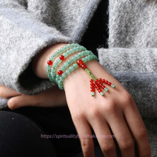 Spiritualität Buddha Karma 108 Perlen Grünes Aventurin Rotes Achat Glücks-Mala-Armband