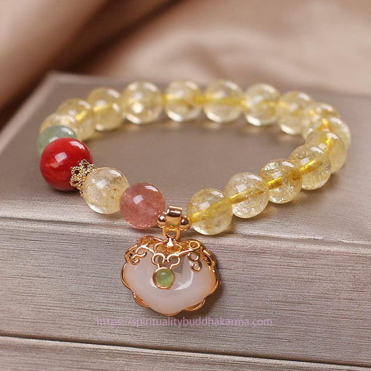 Bracelet de protection en citrine dorée, jade blanc et quartz fraise, symbole de richesse naturelle et d'énergie, pour le chakra du plexus solaire (troisième chakra).