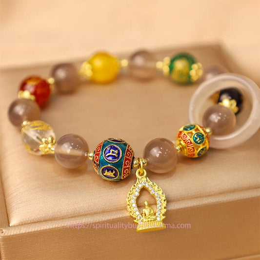 Spirituality Natural Gray Agate Five Directions Gods of Wealth Om Mani Padme Hum Buddha Charm Bracelet