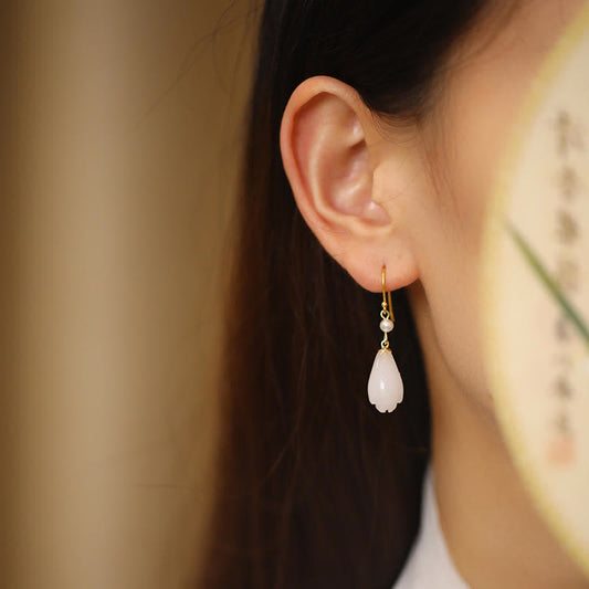 Jade  925 Sterling Silver White Jade Magnolia Flower Happiness Drop Earrings