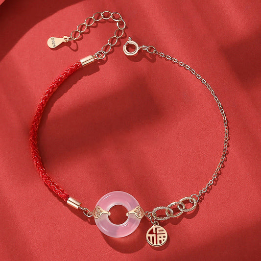 Ancient Tibetan Buddhist Red String Tradition  925 Sterling Silver Peace Buckle Chalcedony Fu Character Harmony Bracelet