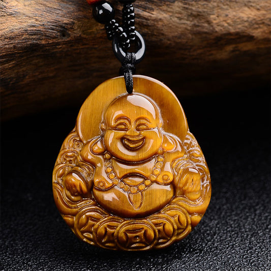 Buddha-Energie-Halskette, Tigerauge, lachender Buddha, Segenskette 