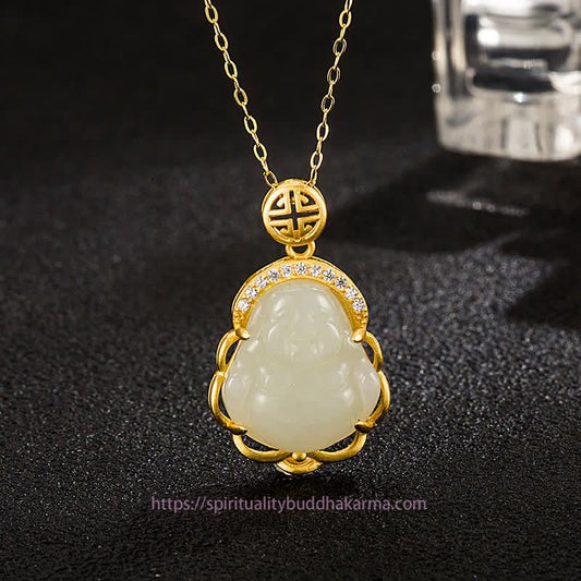 Buddha-Energie-Halskette aus 925er Sterlingsilber mit lachendem Buddha-Anhänger aus weißem Hetian-Jade