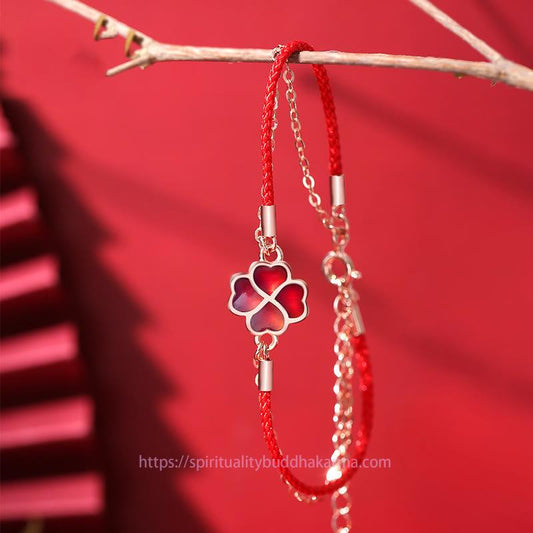 Ancient Tibetan Buddhist Red String Tradition  925 Sterling Silver Color-changing Four Leaf Clover Luck Protection Red String Bracelet