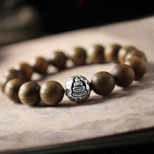 Bracelet de guérison bouddhiste en argent sterling 999, bois de santal vert et rouge, avec petite feuille.